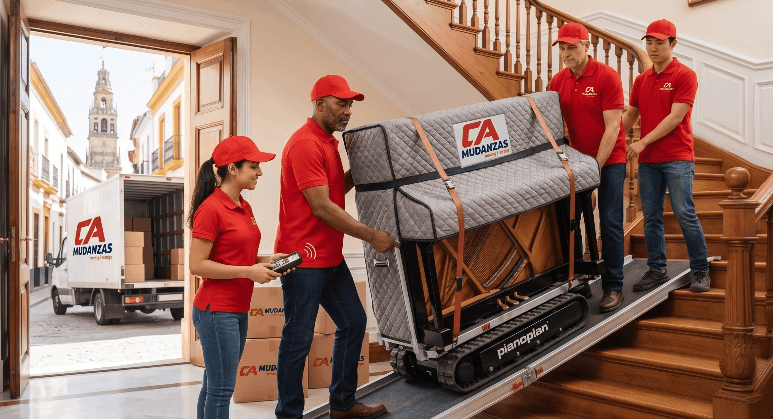 Equipo de CA Mudanzas trasladando un piano